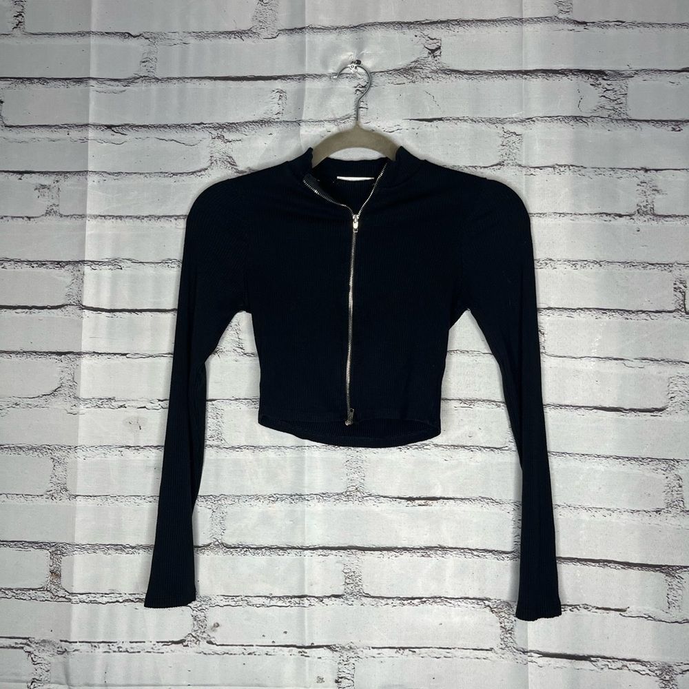Timing Black Ribbed Zip-Up Long Sleeve Top Sz S Streetwear Fitted Y2K Layering